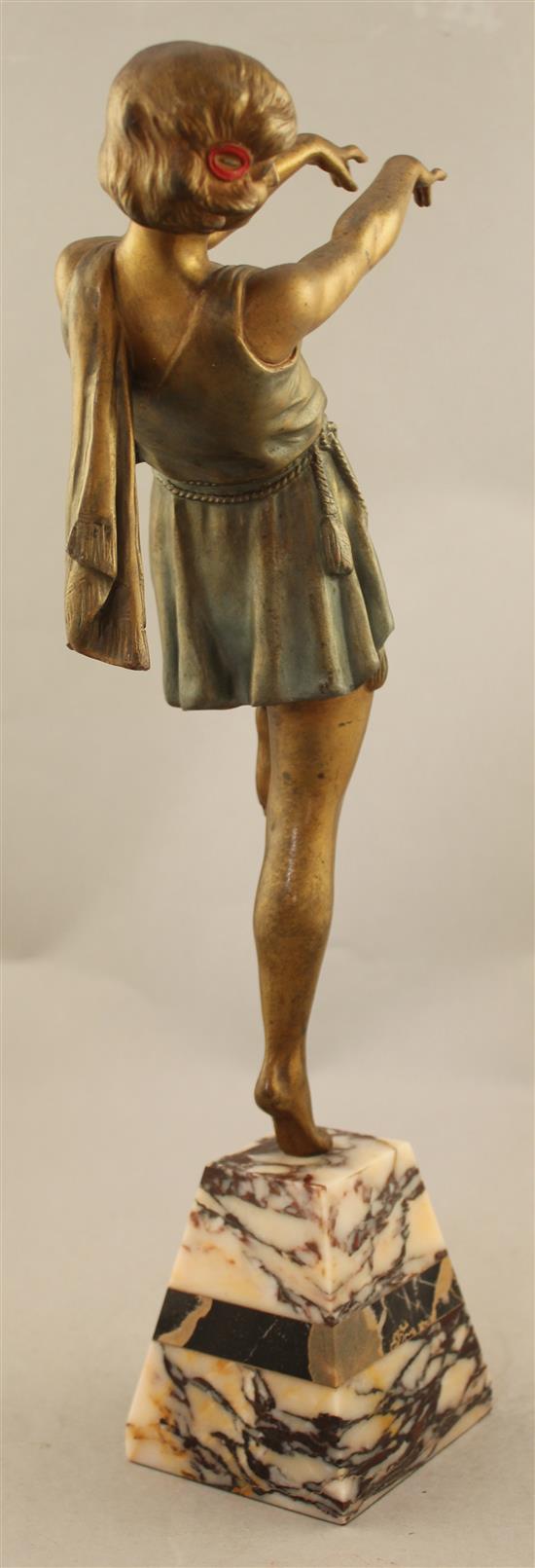 A French Art Deco patinated and cold painted metal figure of a dancing girl, 15.5in.
